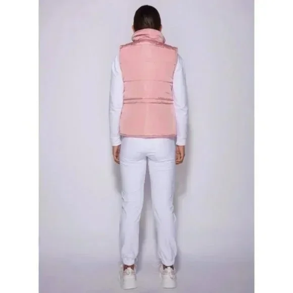 Pink Sleeveless Collared Double Breasted Padded Puffer Jacket Vest Gilet - Picture 7 of 16